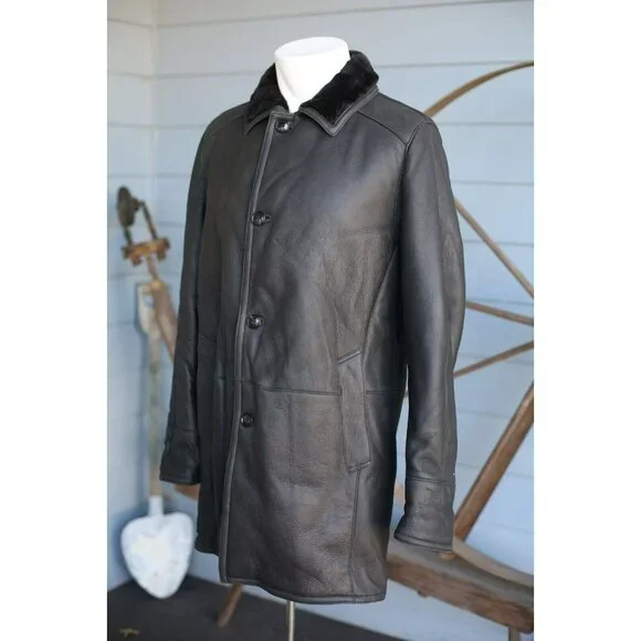 $2K Gallotti Leather Shearling-Lined Jacket Coat Black SZ 48/38 S/M